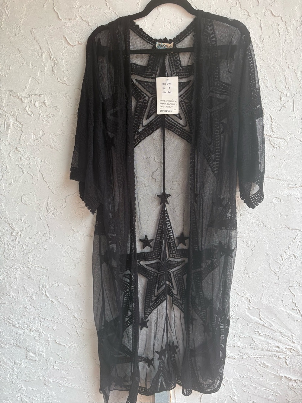 NWT Rebellion Again Black Star Embroidered Mesh Duster Kimono M